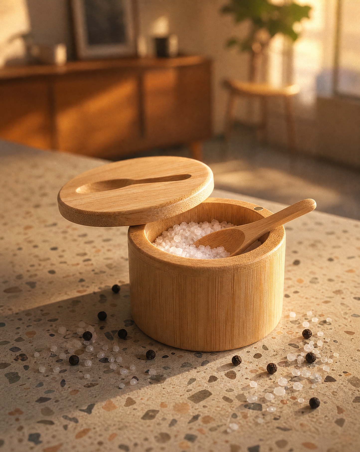 Wooden Salt Pig | Bamboo Condiment Box with a Spoon