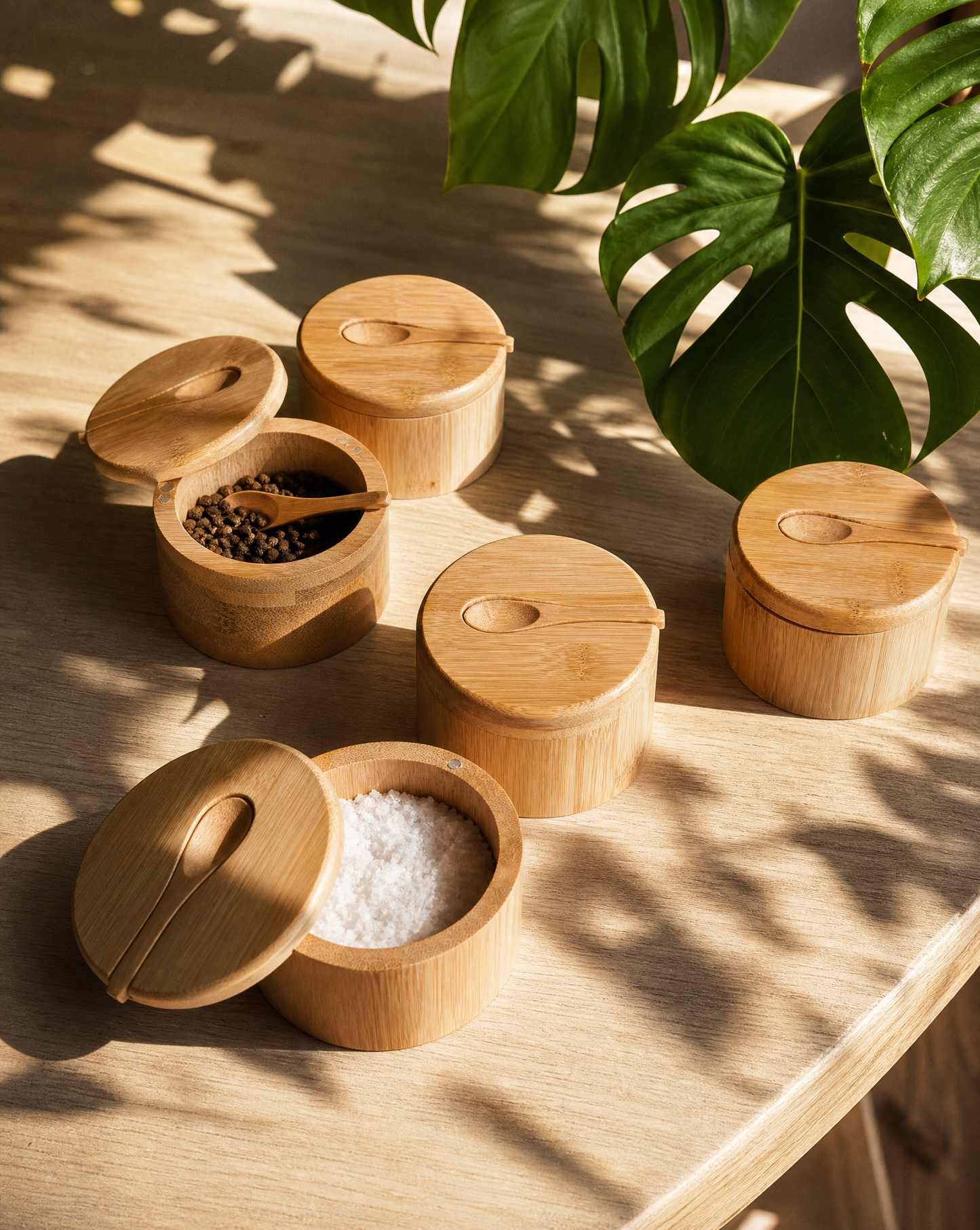 Wooden Salt Pig | Bamboo Condiment Box with a Spoon
