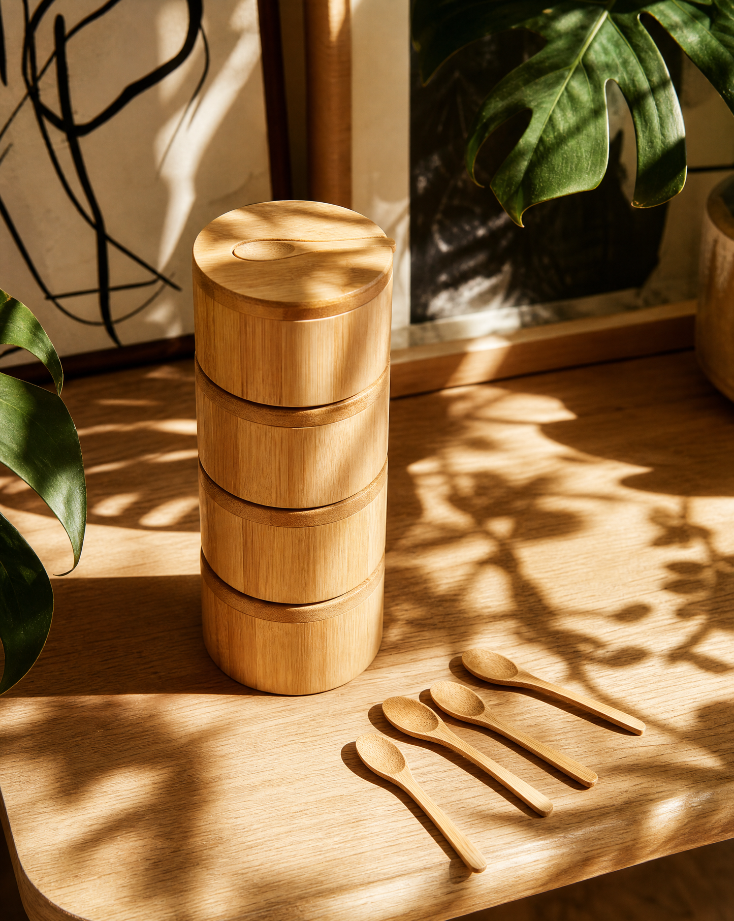 Wooden Salt Pig | Bamboo Condiment Box with a Spoon