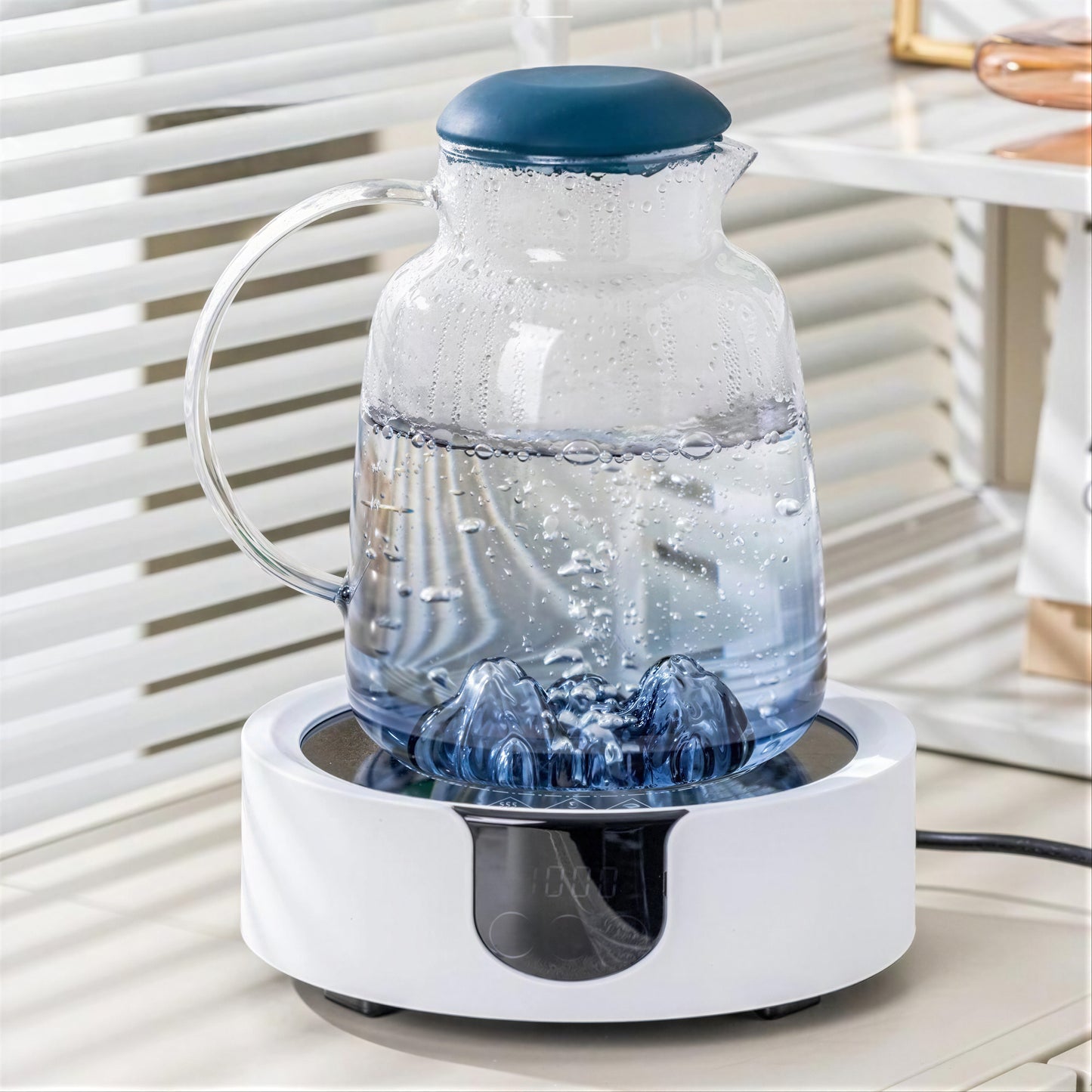 Glass Water & Tea Serving Set with Electric Warming Base – Glass Jug, Matching Glasses, Tray & Cup Holders