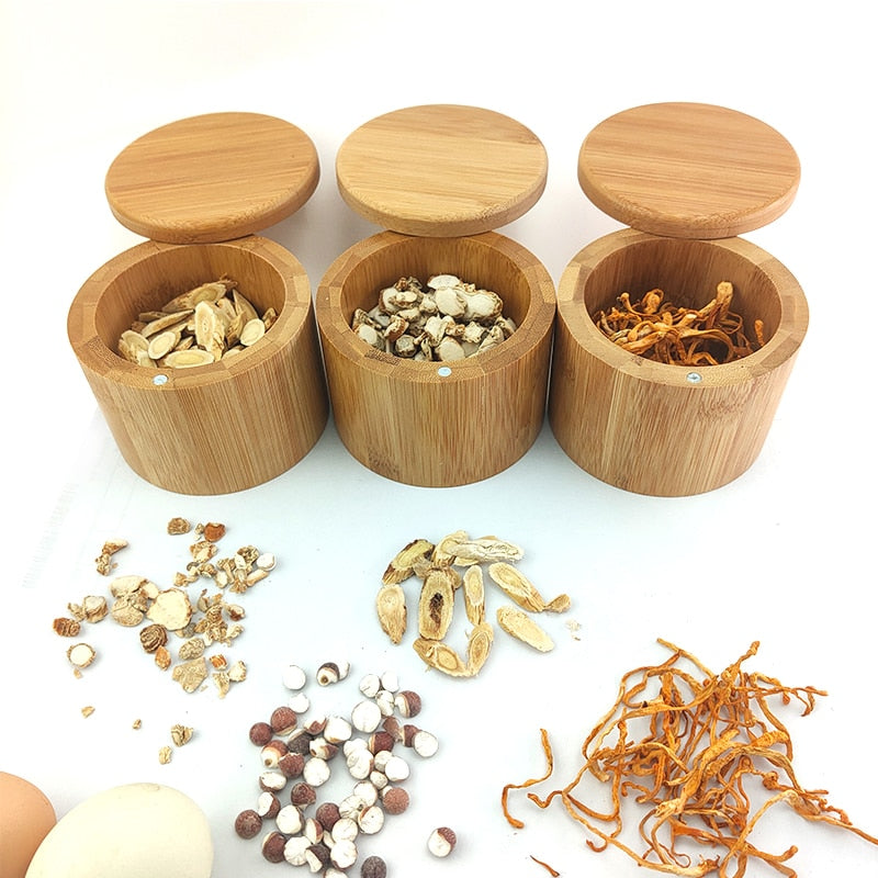 Bamboo Round Dry Spice Storage Box With Lid