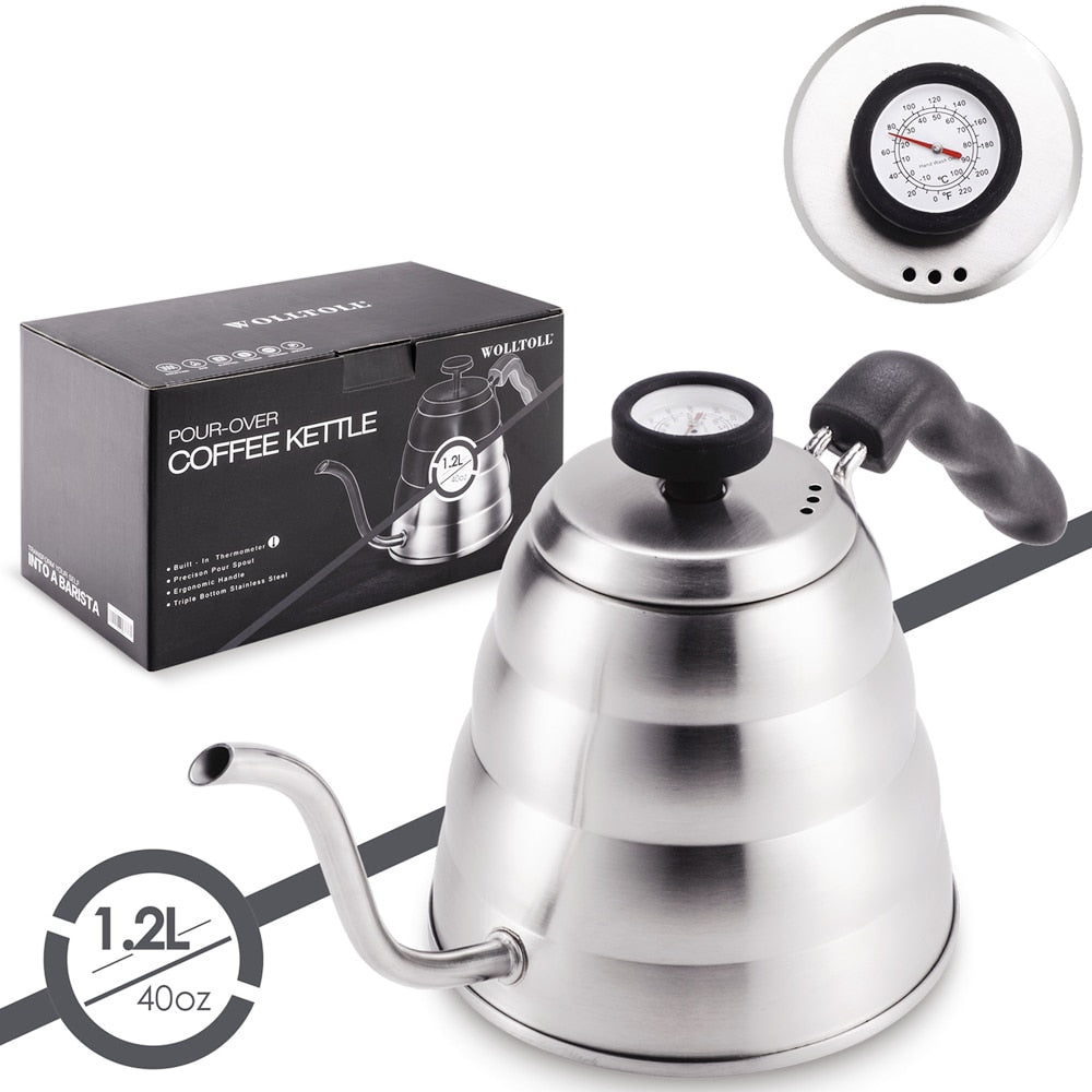 Gooseneck Coffee Kettle with Thermometer 1L and 1.2L - Silver and Black