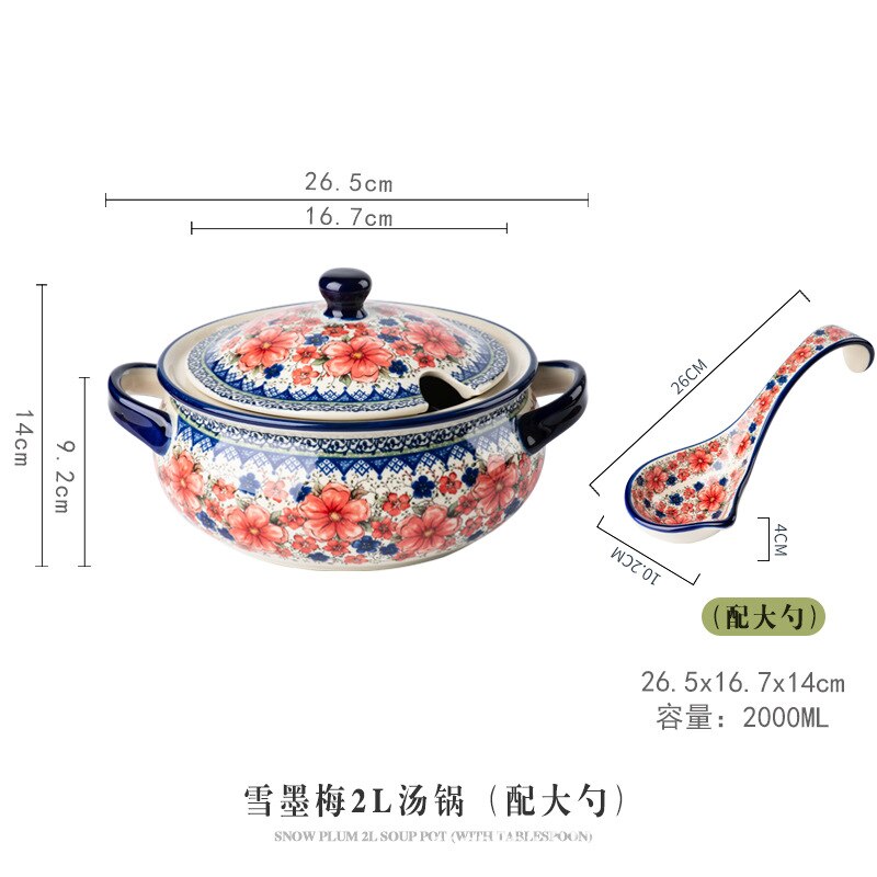 Retro Ceramic Plate Household Binaural Noodle Bowl Dinnerware Salad Bowl Fish Dishes 2l Soup Pot With Spoon Kitchen Tableware