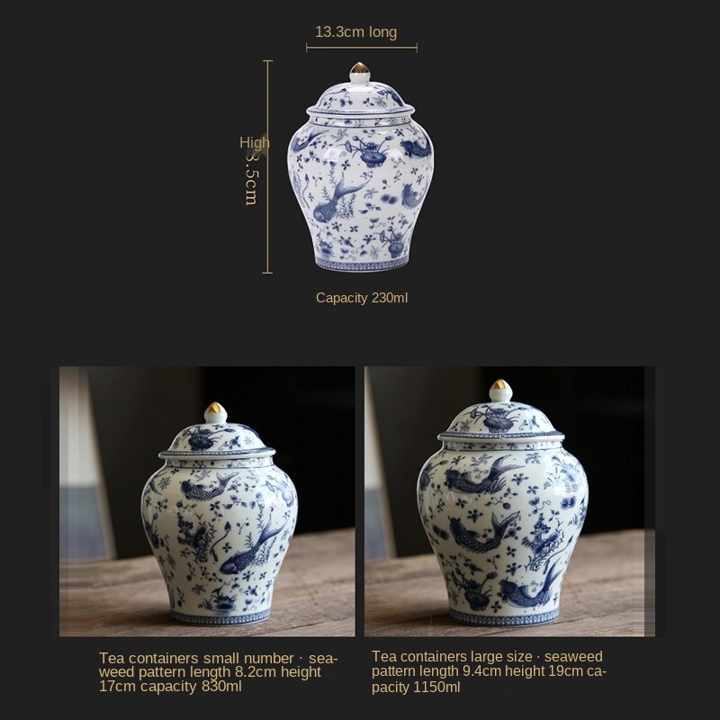 Antique Style Blue and White Porcelain Sealed Tea Caddy  with a Fish Pattern Ceramic Storage Jar 