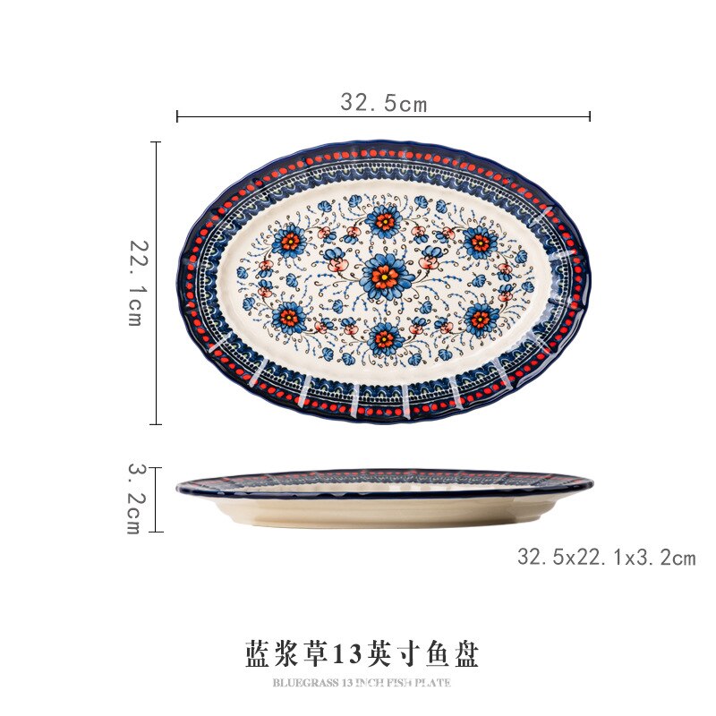 Retro Ceramic Plate Household Binaural Noodle Bowl Dinnerware Salad Bowl Fish Dishes 2l Soup Pot With Spoon Kitchen Tableware