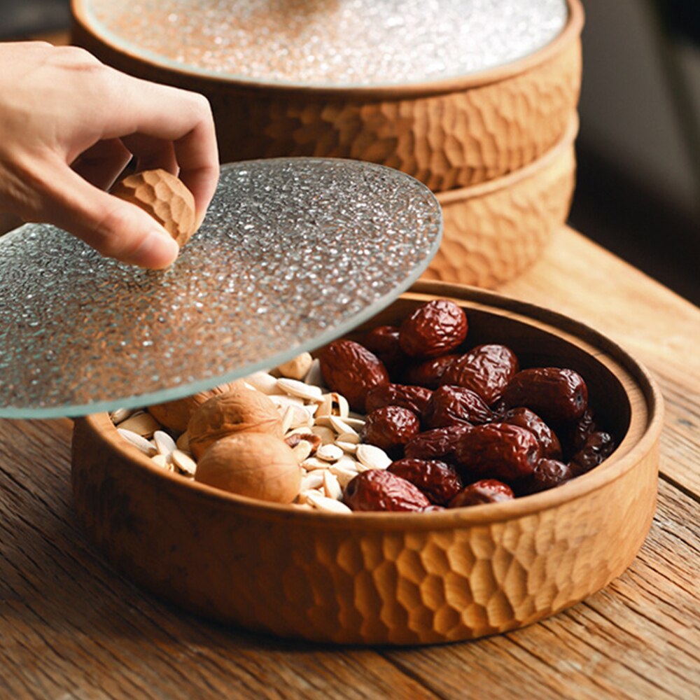 Japanese Style Hand Carved Solid Wood Food Plate With Glass Cover Anti-dust Round Wooden Storage Box For Dry Fruit Nuts Snacks
