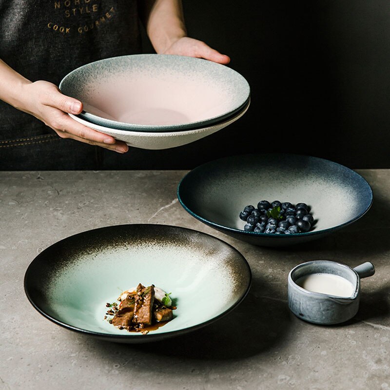 Japanese-style Open Bowl Shallow Plate Ceramic Single Large Salad Bowl Noodle Bowl Plate Dish Food Plate Creative TablewareBowl