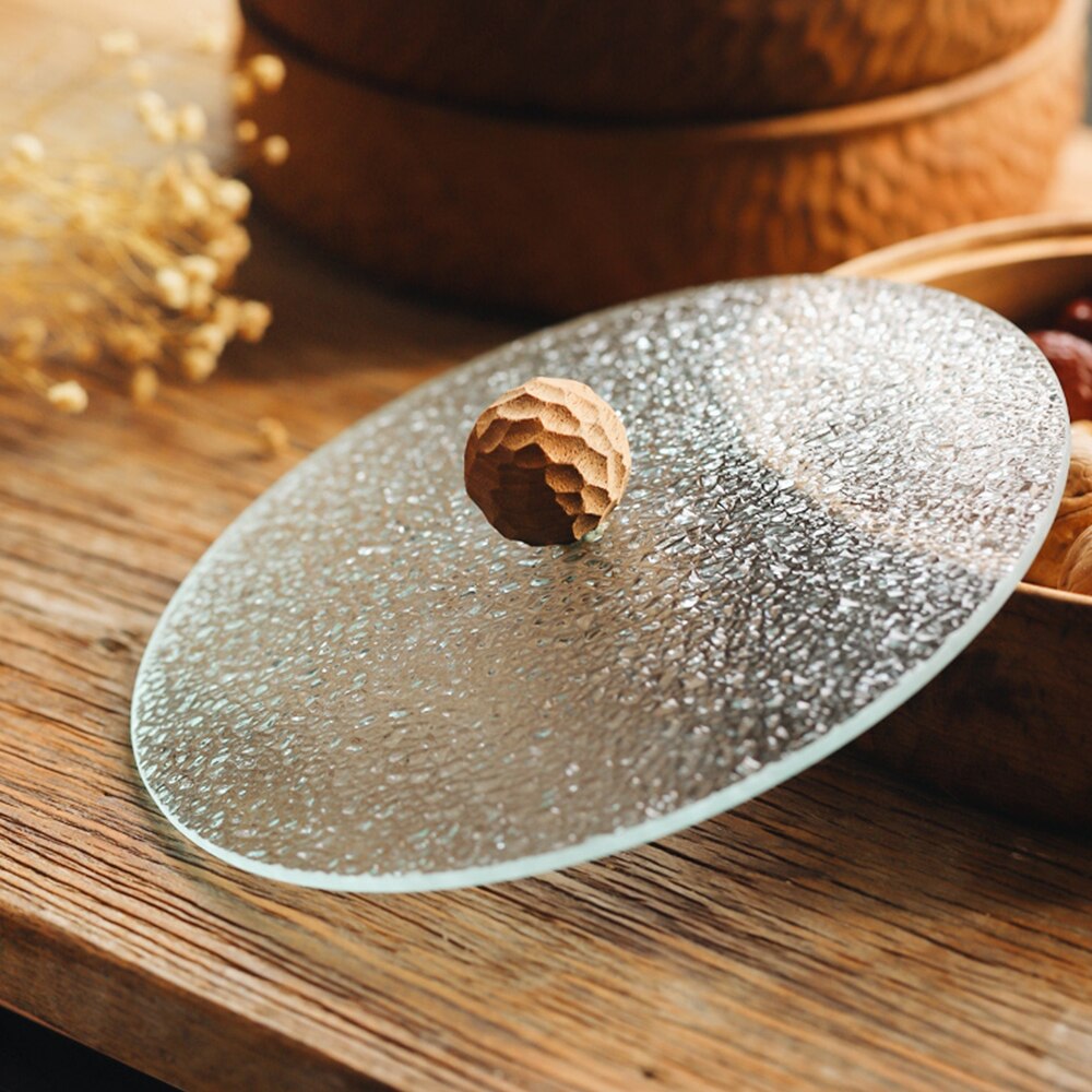 Japanese Style Hand Carved Solid Wood Food Plate With Glass Cover Anti-dust Round Wooden Storage Box For Dry Fruit Nuts Snacks
