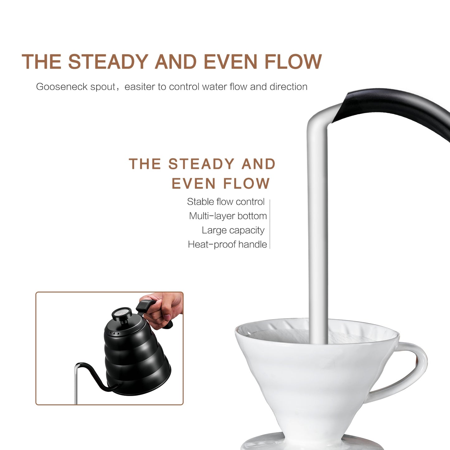 Gooseneck Coffee Kettle with Thermometer 1L and 1.2L - Silver and Black