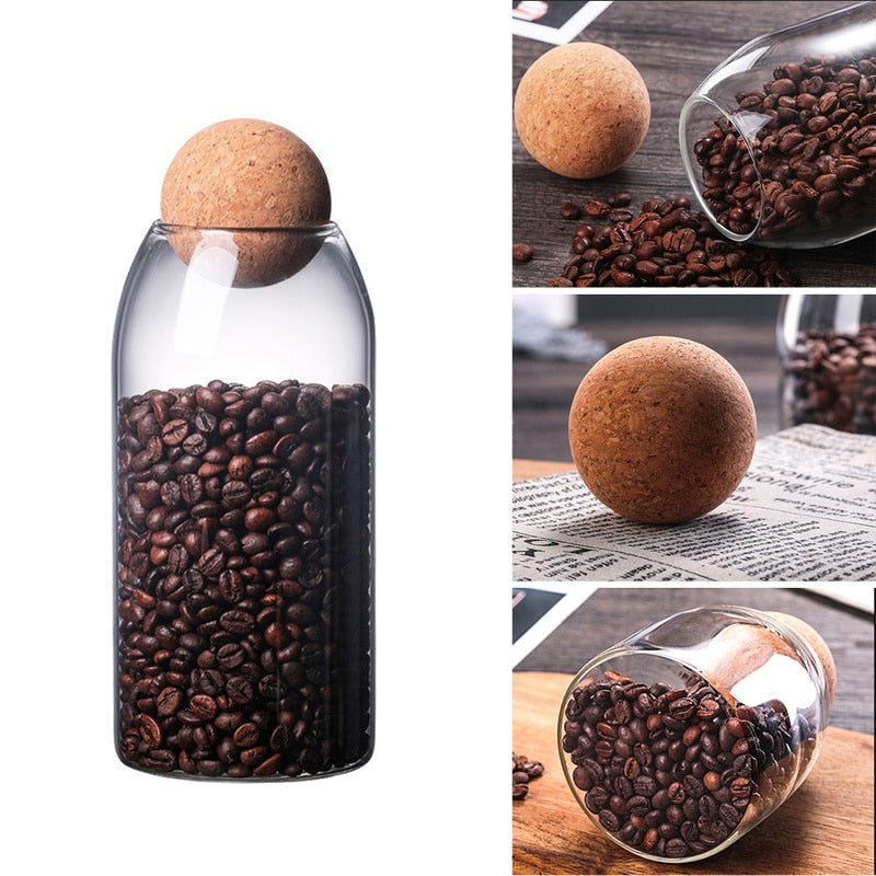 Heat Resistant Glass Jar With a Narrow Moutha and a Spheric Cork Lid