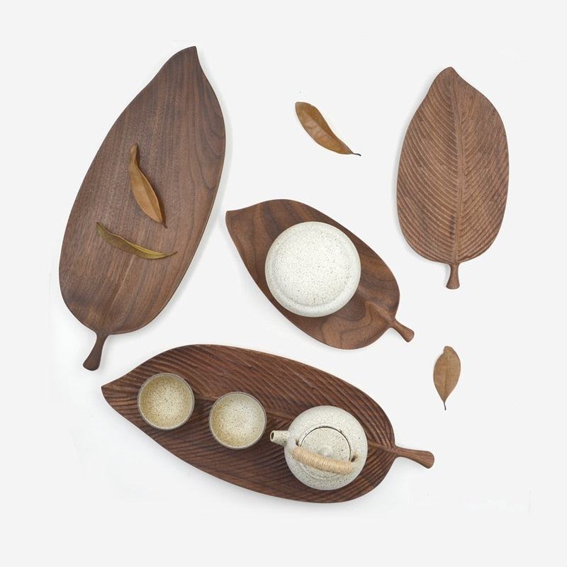 Musowood Wooden Leaf Tray For Tea Set Cup Fruit Snake Dessert Home Decoration For Hotel Office Black Walnut Leaves Plate Sample