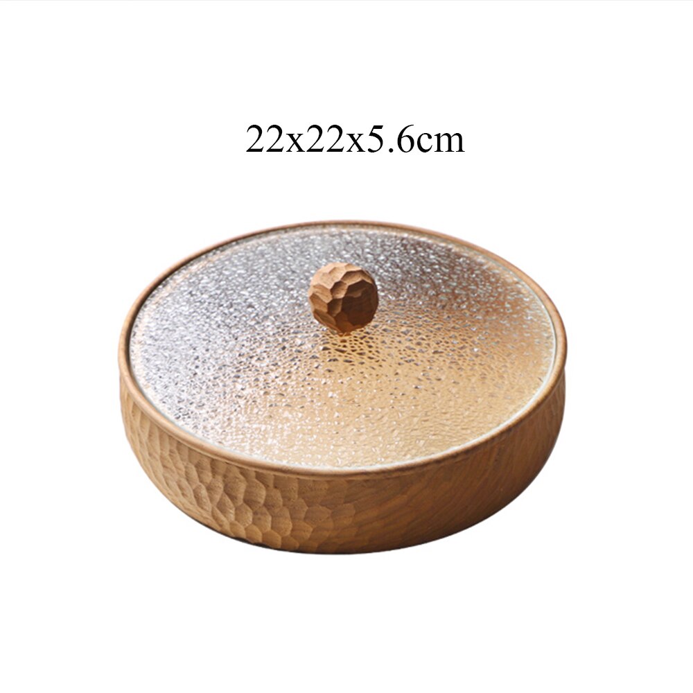 Japanese Style Hand Carved Solid Wood Food Plate With Glass Cover Anti-dust Round Wooden Storage Box For Dry Fruit Nuts Snacks