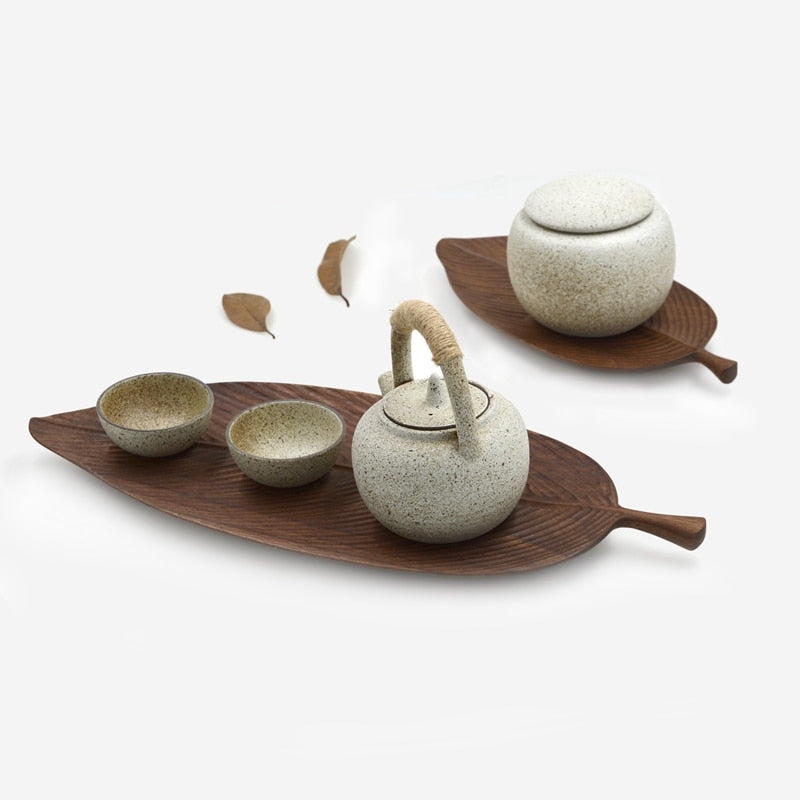 Musowood Wooden Leaf Tray For Tea Set Cup Fruit Snake Dessert Home Decoration For Hotel Office Black Walnut Leaves Plate Sample