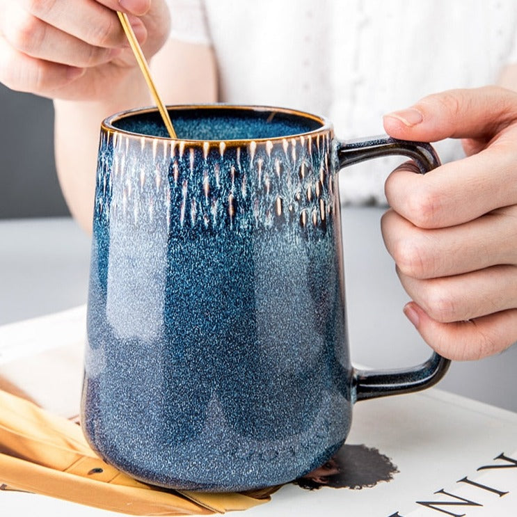 Japanese Retro Ceramic Mug With Spoon and Lid Set 600ml - Eways