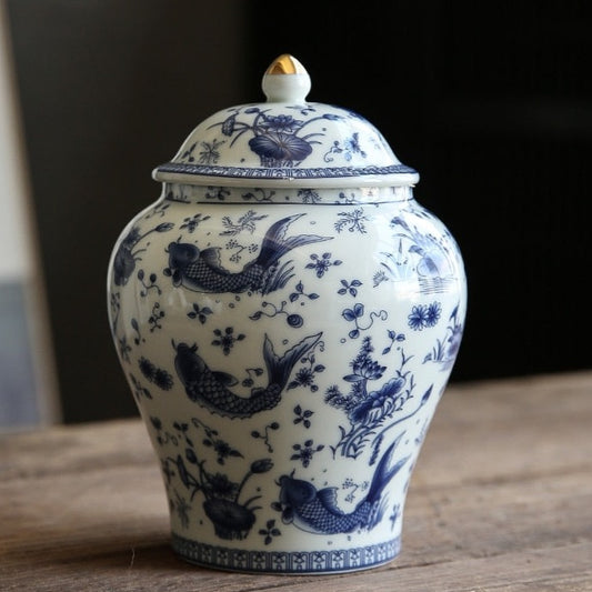 Antique Style Blue and White Porcelain Sealed Tea Caddy with a Fish Pattern Ceramic Storage Jar