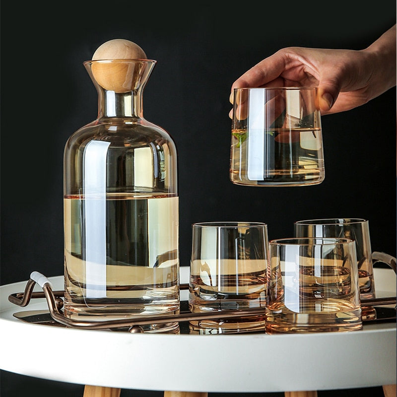 Mix and Match 1.2L Glass Jug With a Wooden SphericalLid and 250 ml Glass Set