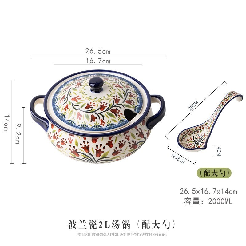 Retro Ceramic Plate Household Binaural Noodle Bowl Dinnerware Salad Bowl Fish Dishes 2l Soup Pot With Spoon Kitchen Tableware