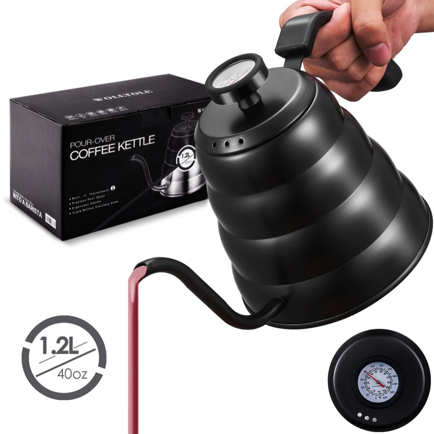 Gooseneck Coffee Kettle with Thermometer 1L and 1.2L - Silver and Black