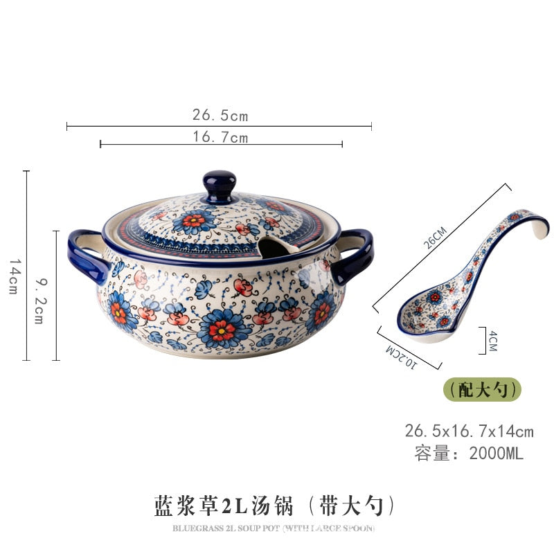Retro Ceramic Plate Household Binaural Noodle Bowl Dinnerware Salad Bowl Fish Dishes 2l Soup Pot With Spoon Kitchen Tableware