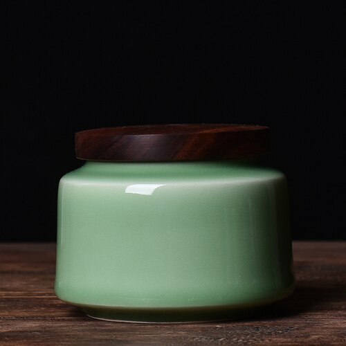 Crackle Glaze Asian Dry Storage Round Tub with a Wooden Lid