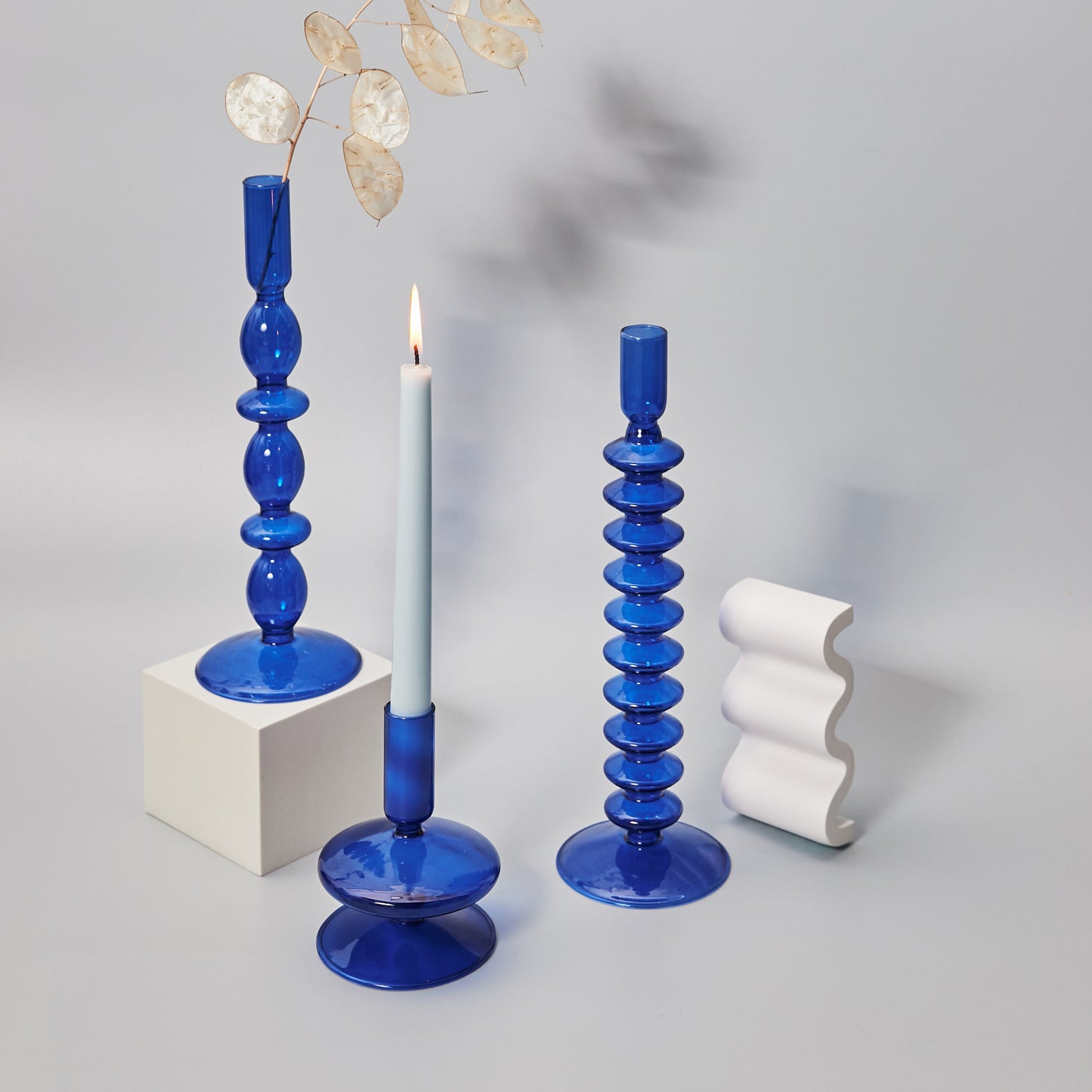 Blue Glass Candle Holder - Minimalist