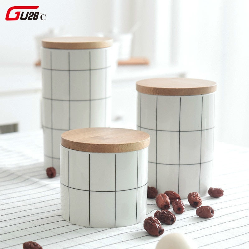 Round Plaid Sealed Ceramic Storage Jar For Spices Tea Coffee Can Tank Food Container Bottle With Lid For Kitchen Organizer