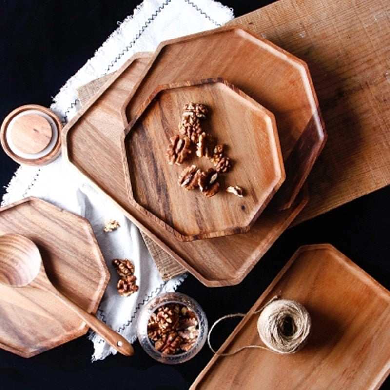 Creative Acacia Wood Plate Dishes Rectangle Octagonal Food Dessert Tea Dinner Tray Kitchenware Dinnerware Outdoor Tableware