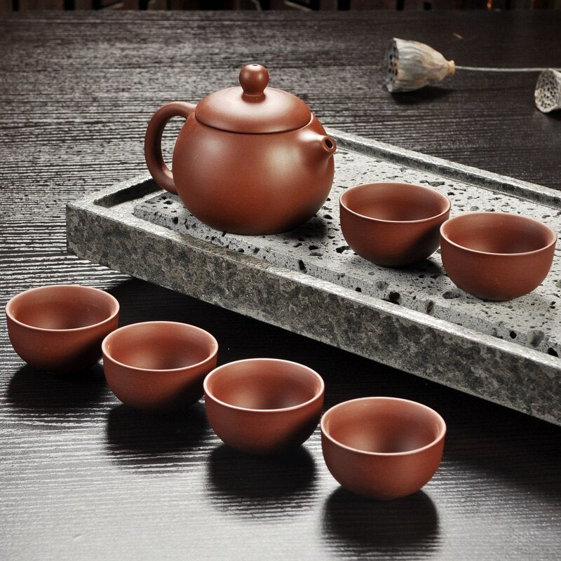Yixing Purple Sand Tea Set Black/Red Ceramic Kung Fu Teapot Handmade Teacup Gaiwan Tureen Tea Ceremony (Not Include Stone Table)