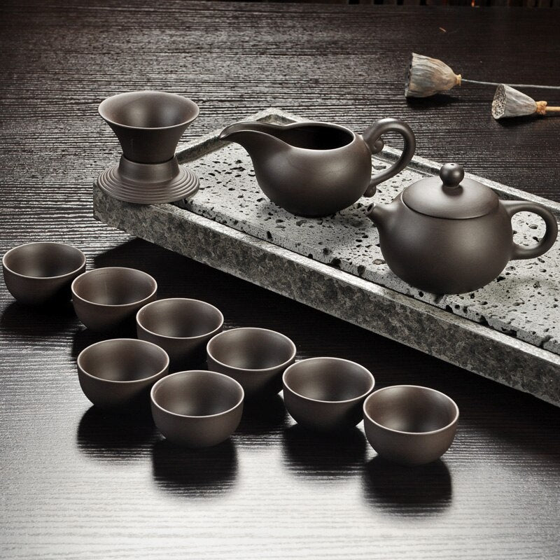 Yixing Purple Sand Tea Set Black/Red Ceramic Kung Fu Teapot Handmade Teacup Gaiwan Tureen Tea Ceremony (Not Include Stone Table)