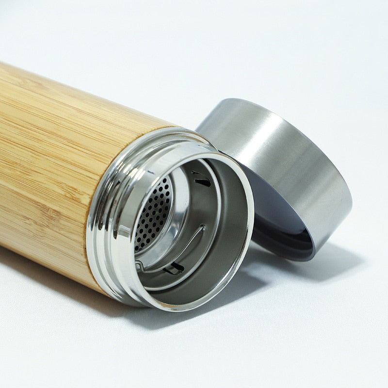 UPORS 450ml Bamboo Stainless Steel Thermos with Tea Infuser BPA Free Insulated Coffee Tumbler Leak Proof Lid Travel Mug Thermos