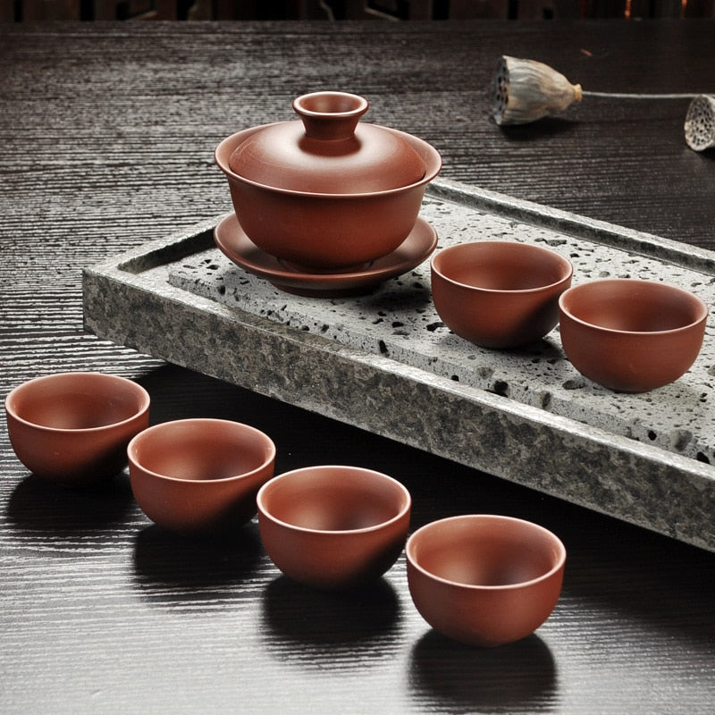 Yixing Purple Sand Tea Set Black/Red Ceramic Kung Fu Teapot Handmade Teacup Gaiwan Tureen Tea Ceremony (Not Include Stone Table)