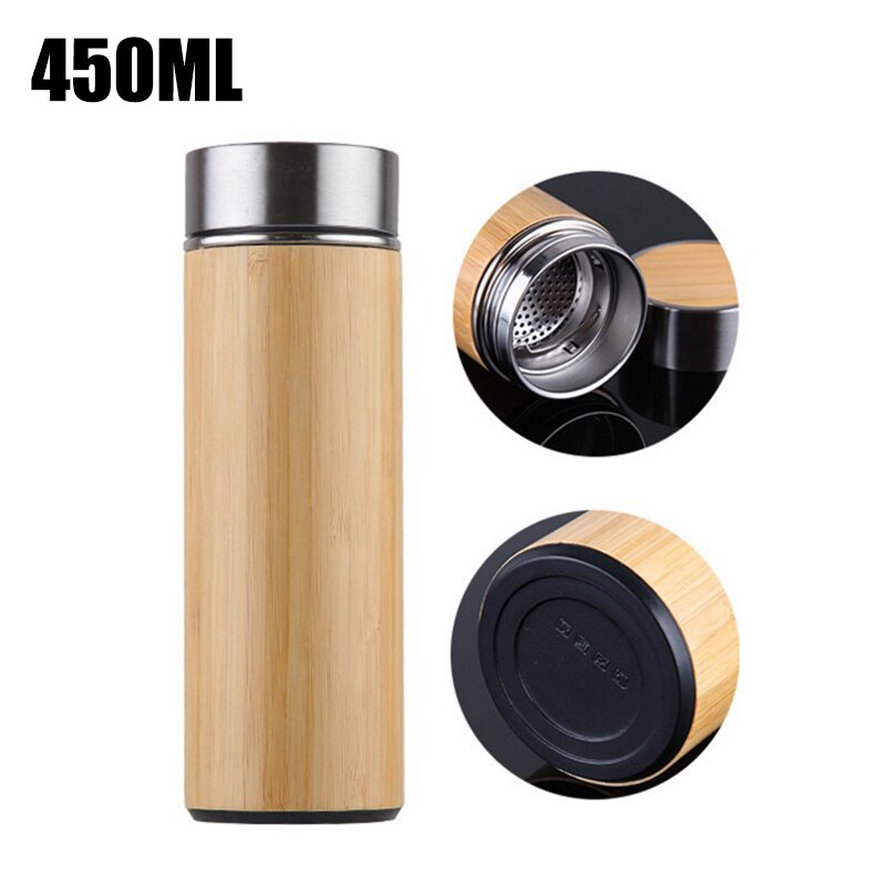 UPORS 450ml Bamboo Stainless Steel Thermos with Tea Infuser BPA Free Insulated Coffee Tumbler Leak Proof Lid Travel Mug Thermos