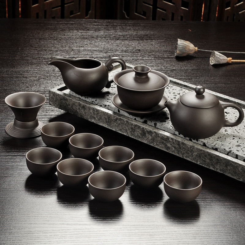 Yixing Purple Sand Tea Set Black/Red Ceramic Kung Fu Teapot Handmade Teacup Gaiwan Tureen Tea Ceremony (Not Include Stone Table)