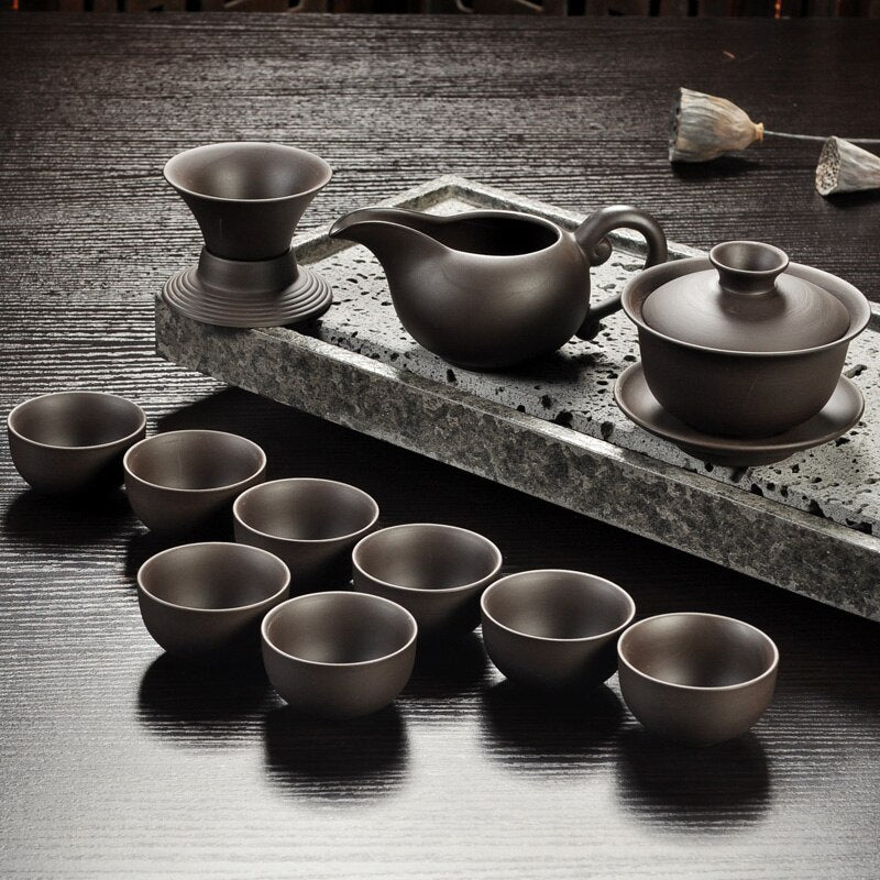 Yixing Purple Sand Tea Set Black/Red Ceramic Kung Fu Teapot Handmade Teacup Gaiwan Tureen Tea Ceremony (Not Include Stone Table)