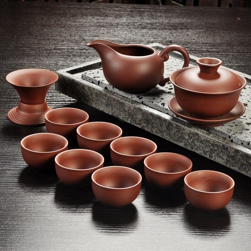 Yixing Purple Sand Tea Set Black/Red Ceramic Kung Fu Teapot Handmade Teacup Gaiwan Tureen Tea Ceremony (Not Include Stone Table)