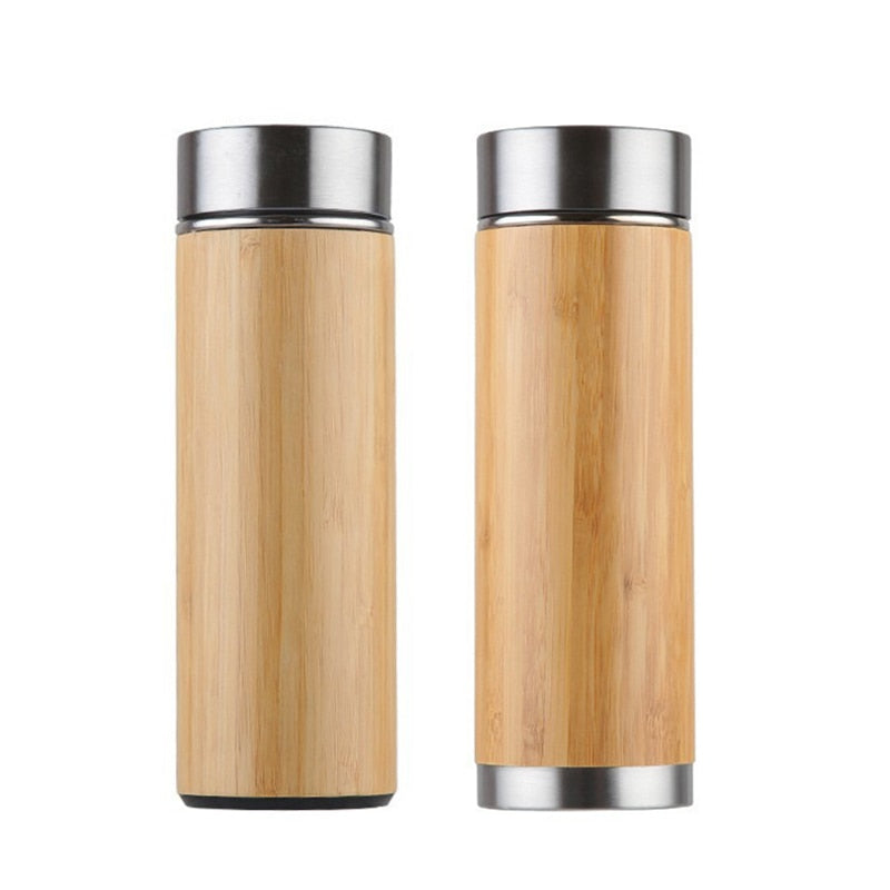 UPORS 450ml Bamboo Stainless Steel Thermos with Tea Infuser BPA Free Insulated Coffee Tumbler Leak Proof Lid Travel Mug Thermos