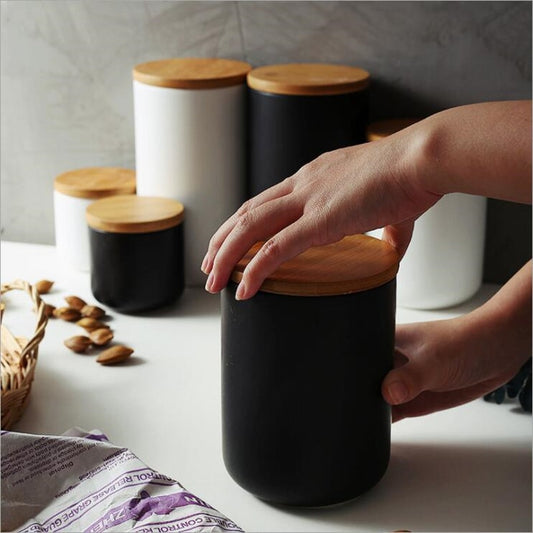 Sealed Ceramic Storage Jar With Bamboo Lid  - Various Capacity