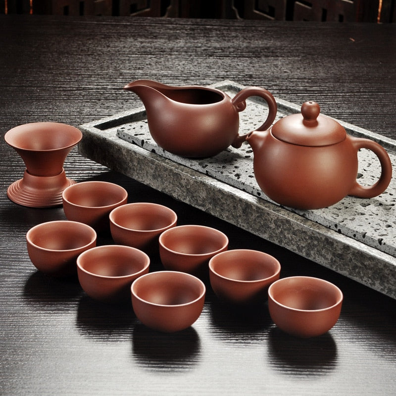 Yixing Purple Sand Tea Set Black/Red Ceramic Kung Fu Teapot Handmade Teacup Gaiwan Tureen Tea Ceremony (Not Include Stone Table)