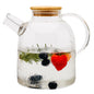 Heat Resistant Glass Teapot With a Wooden Lid and Ceramic Warmer Tray and Six Cups Set - Mix anc Match