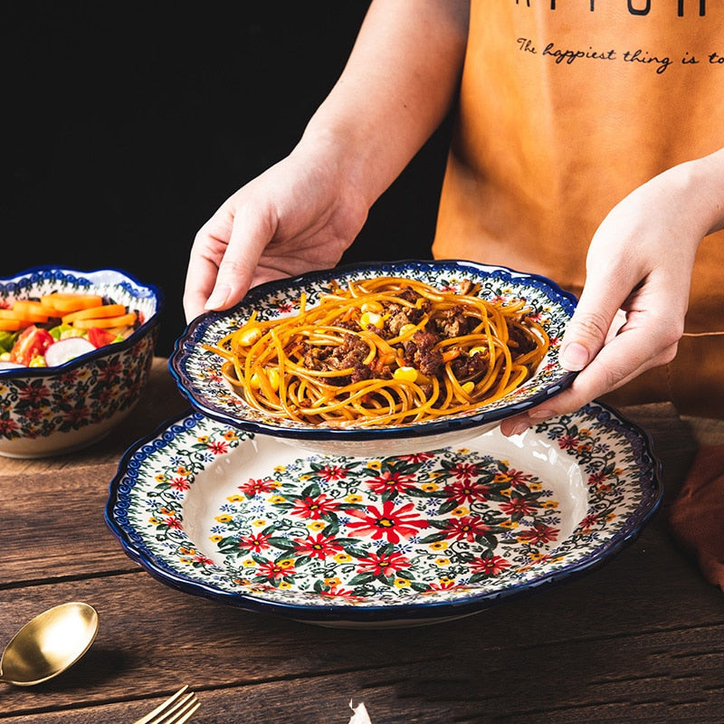 Retro Ceramic Plate Household Binaural Noodle Bowl Dinnerware Salad Bowl Fish Dishes 2l Soup Pot With Spoon Kitchen Tableware