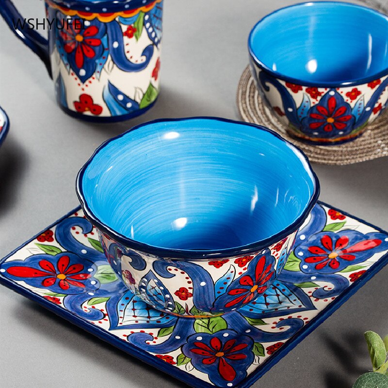 Creative Color Ceramic Plate Home Kitchen Restaurant Tableware Dinner Dish Cake Sushi Steak Western Food Plate Mug with Handle