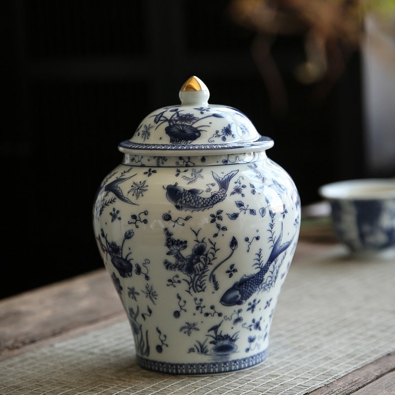 Antique Style Blue and White Porcelain Sealed Tea Caddy  with a Fish Pattern Ceramic Storage Jar 