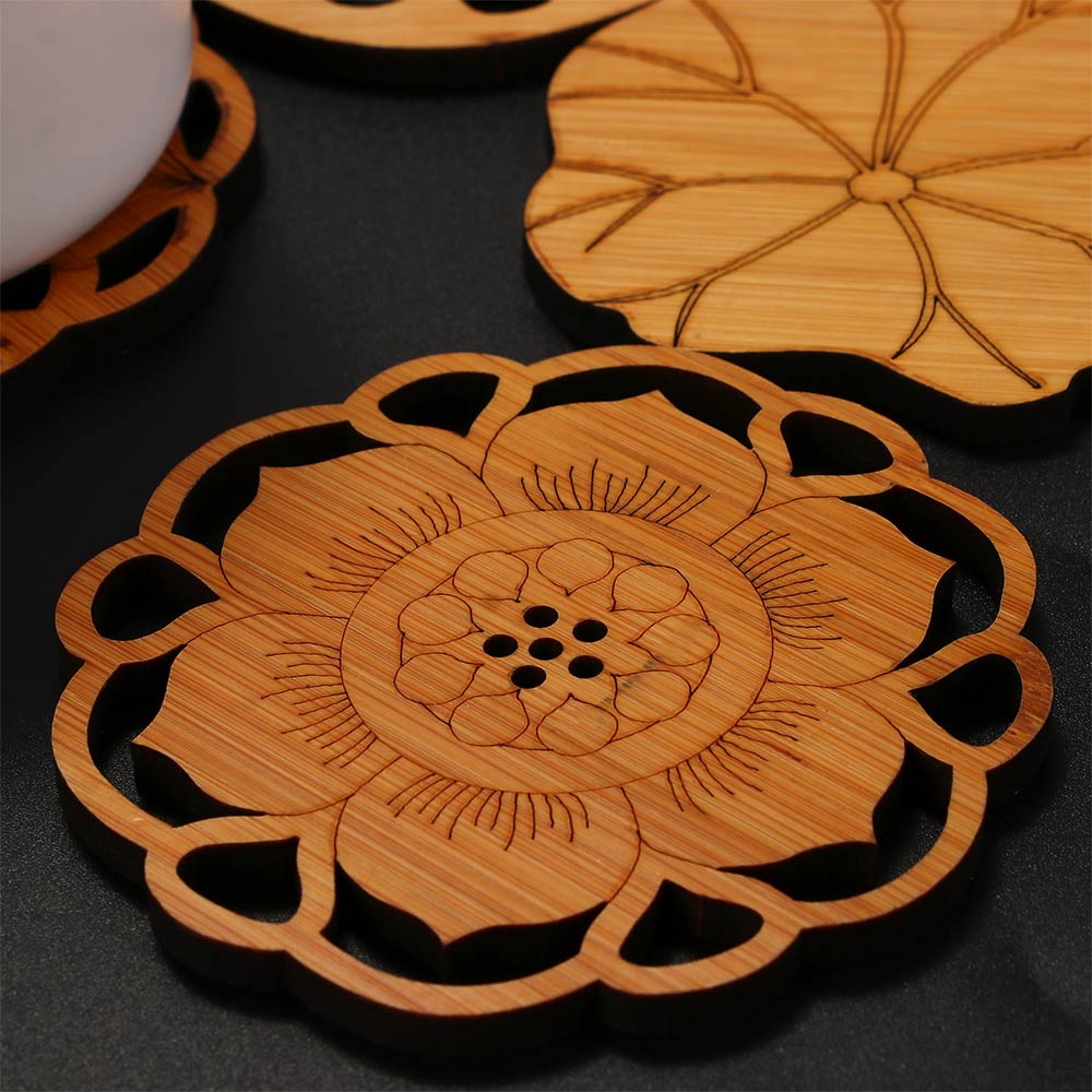 Lotus Shape Drink Coasters Mat Wooden Round Cup Table Mat Tea Coffee Mug Placemat Home Decoration Kitchen Accessories