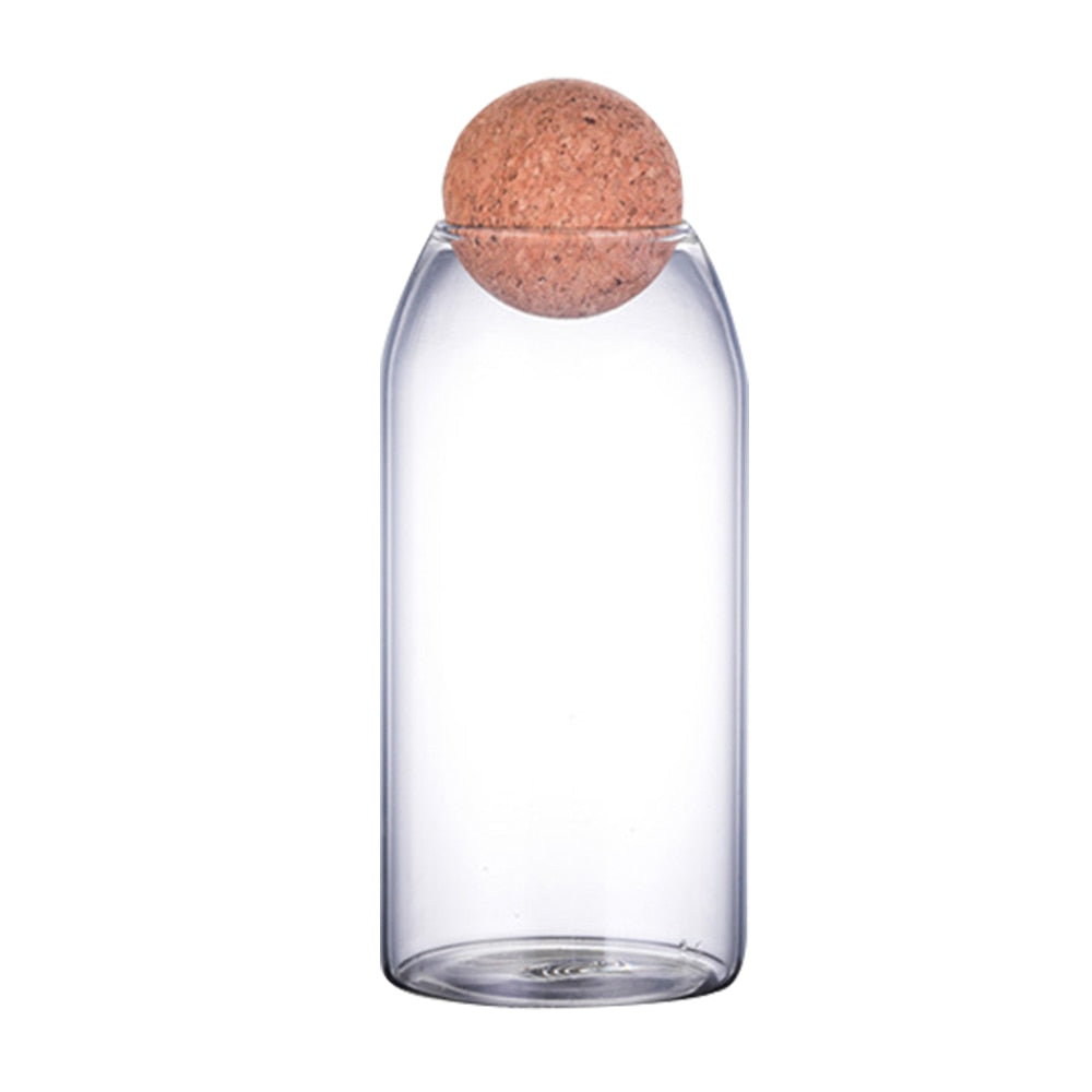 Heat Resistant Glass Jar With a Narrow Moutha and a Spheric Cork Lid