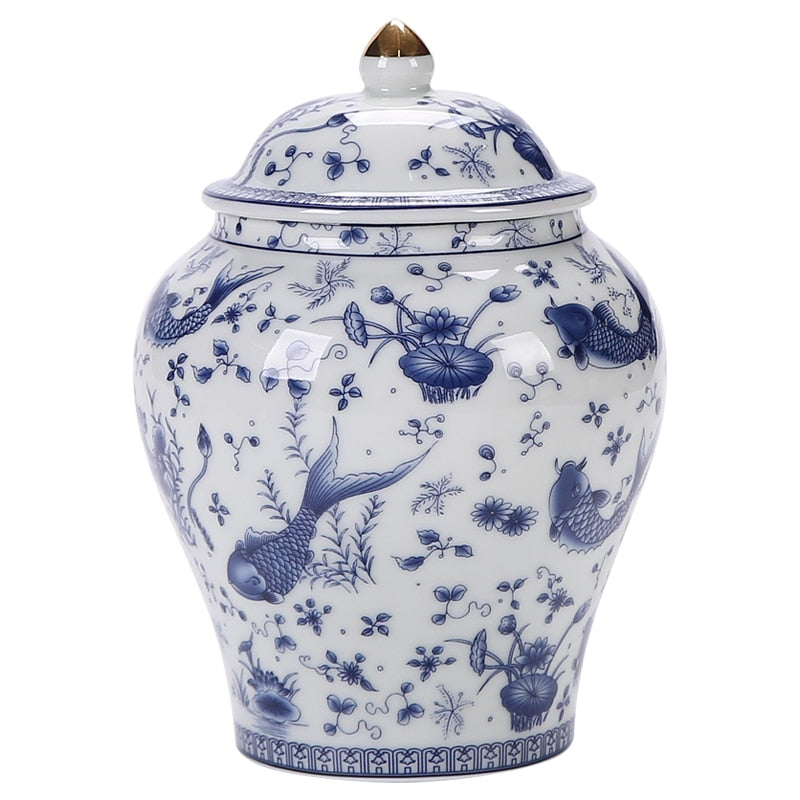 Antique Style Blue and White Porcelain Sealed Tea Caddy  with a Fish Pattern Ceramic Storage Jar 