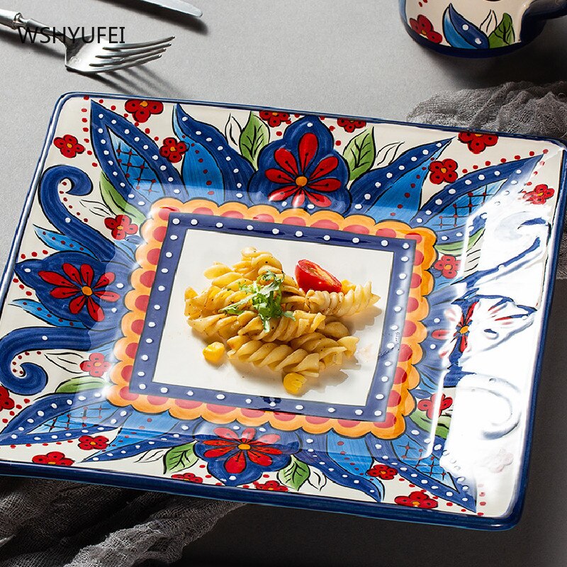 Creative Color Ceramic Plate Home Kitchen Restaurant Tableware Dinner Dish Cake Sushi Steak Western Food Plate Mug with Handle