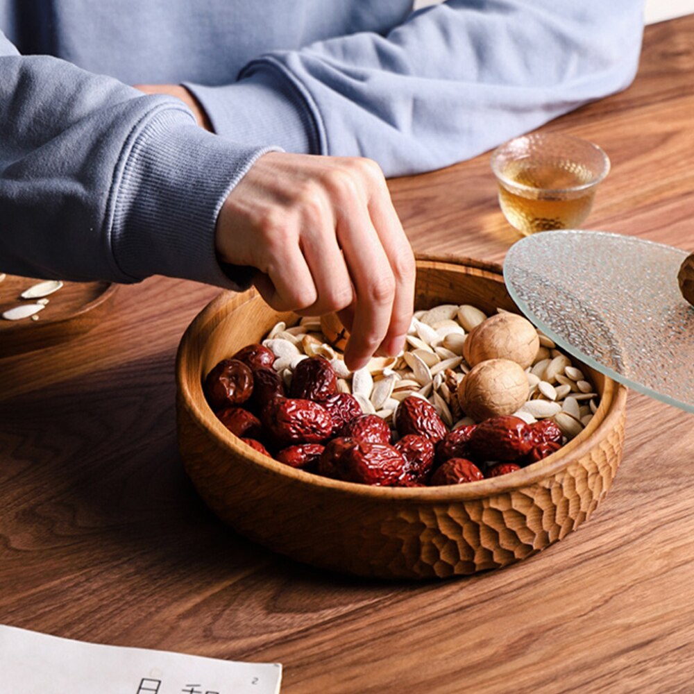 Japanese Style Hand Carved Solid Wood Food Plate With Glass Cover Anti-dust Round Wooden Storage Box For Dry Fruit Nuts Snacks