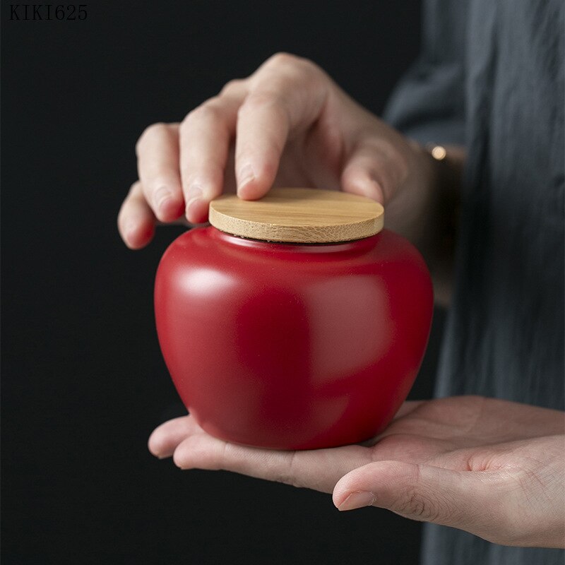 Creative Cute Mini Ceramic Storage Jar with Bamboo Wood Cover Home Portable Travel Tea Caddy Small Objects Jewelry Storage Box