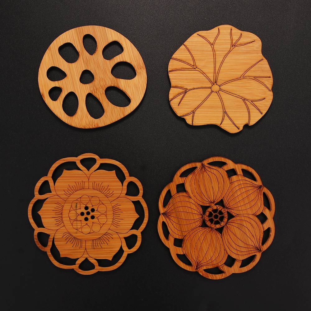 Lotus Shape Drink Coasters Mat Wooden Round Cup Table Mat Tea Coffee Mug Placemat Home Decoration Kitchen Accessories