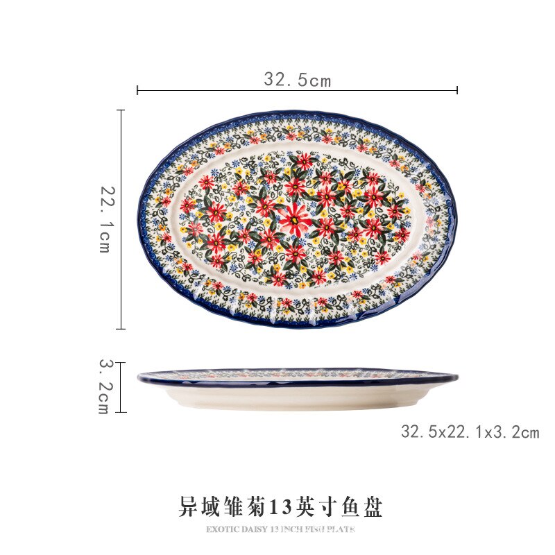 Retro Ceramic Plate Household Binaural Noodle Bowl Dinnerware Salad Bowl Fish Dishes 2l Soup Pot With Spoon Kitchen Tableware